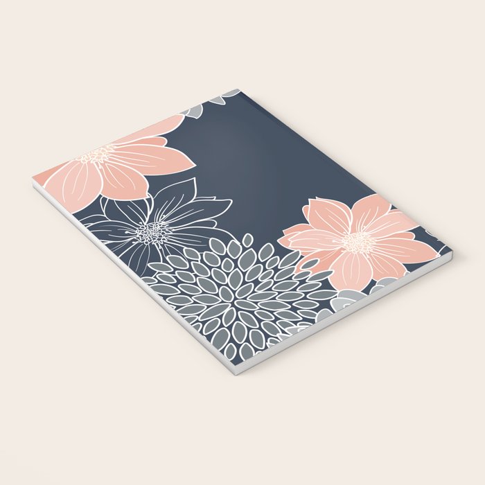 Festive, Floral Prints and Line Art, Navy Blue, Coral and Gray Notebook Gallery Image 3