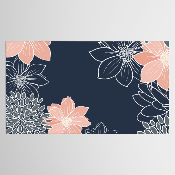 Festive, Floral Prints and Line Art, Navy Blue, Coral and Gray Tablecloth Gallery Image 2
