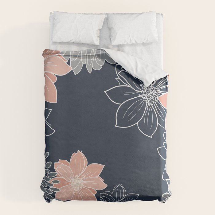 Festive, Floral Prints and Line Art, Navy Blue, Coral and Gray Duvet Cover Gallery Image 1