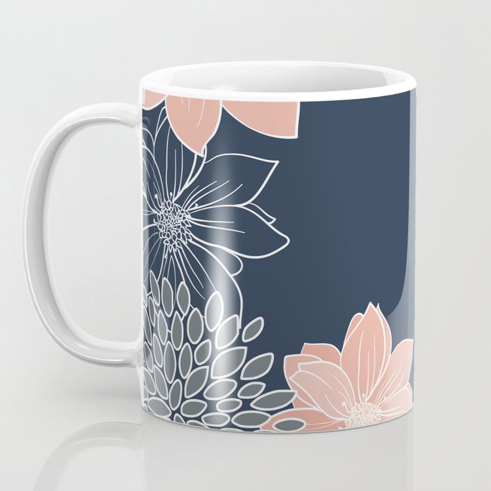 Festive, Floral Prints and Line Art, Navy Blue, Coral and Gray Coffee Mug Gallery Image 3
