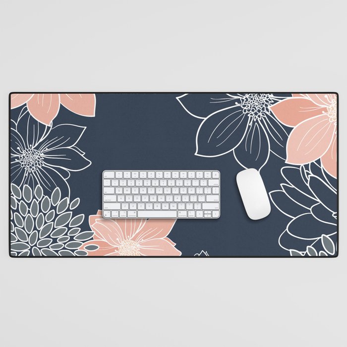 Festive, Floral Prints and Line Art, Navy Blue, Coral and Gray Desk Mat Gallery Image 1