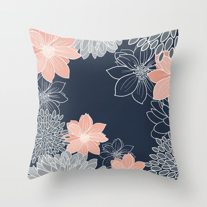 Festive, Floral Prints and Line Art, Navy Blue, Coral and Gray Throw Pillow Gallery Image 1