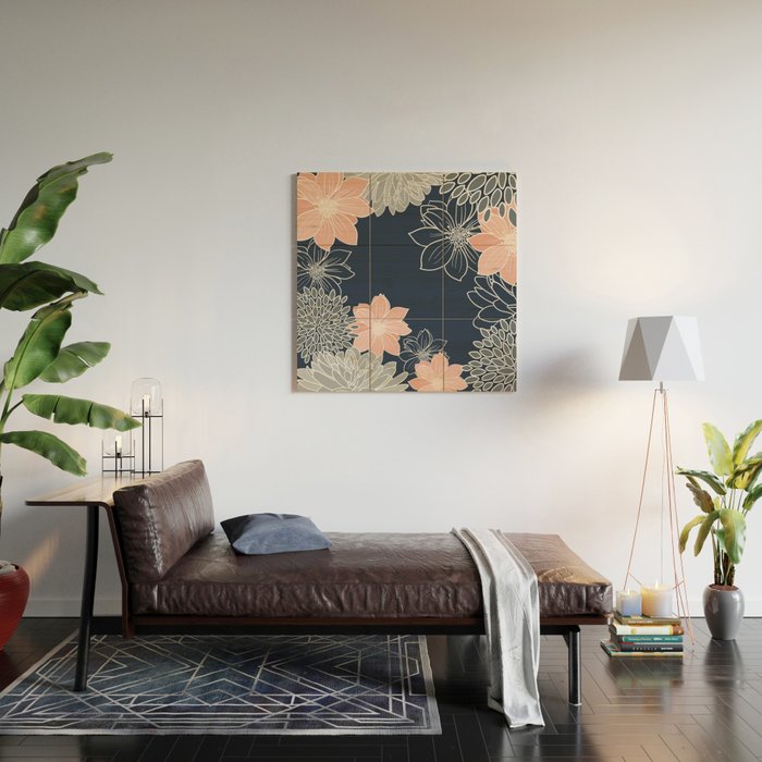 Festive, Floral Prints and Line Art, Navy Blue, Coral and Gray Wood Wall Art Gallery Image 2