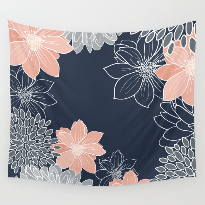 Festive, Floral Prints and Line Art, Navy Blue, Coral and Gray Wall Tapestry Gallery Image 4