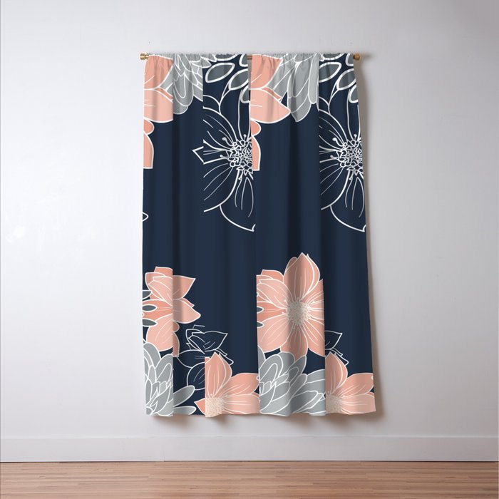 Festive, Floral Prints and Line Art, Navy Blue, Coral and Gray Window Curtain Gallery Image 3