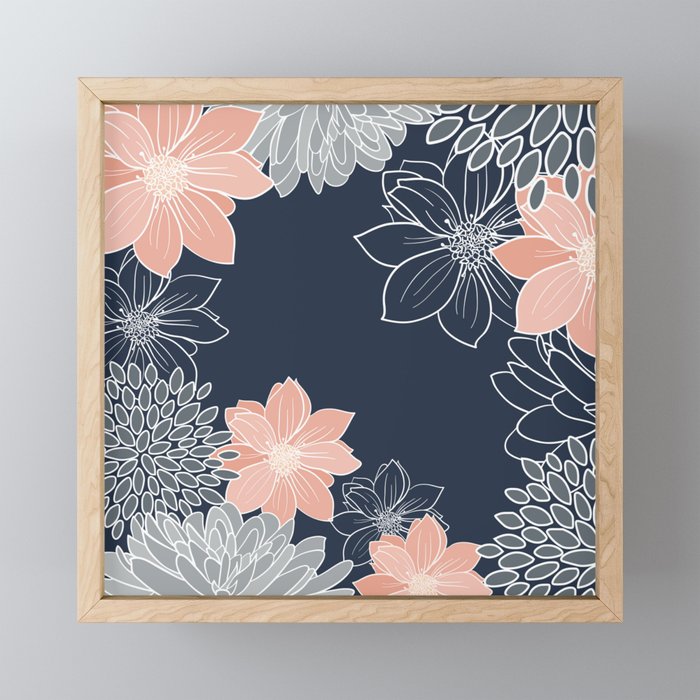 Festive, Floral Prints and Line Art, Navy Blue, Coral and Gray Mini Art Print Gallery Image 1