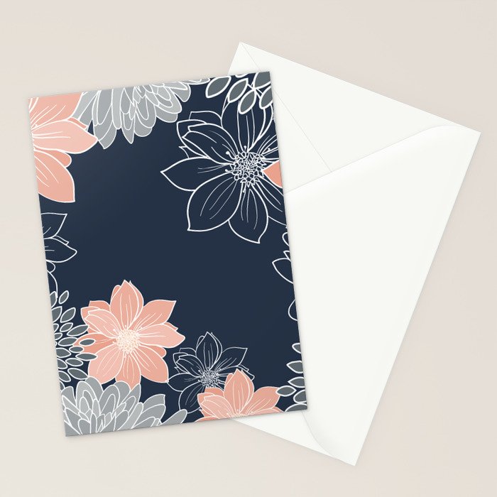 Festive, Floral Prints and Line Art, Navy Blue, Coral and Gray Stationery Card Gallery Image 2