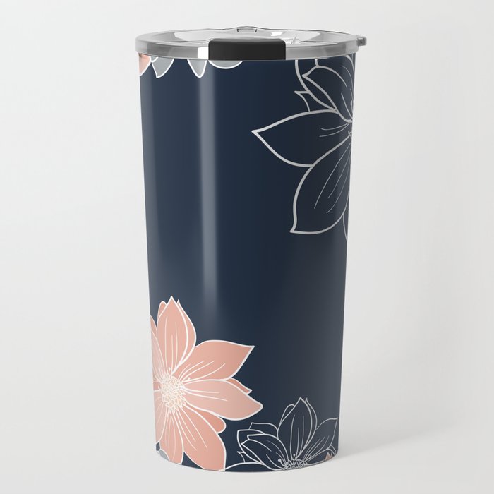 Festive, Floral Prints and Line Art, Navy Blue, Coral and Gray Travel Mug Gallery Image 1
