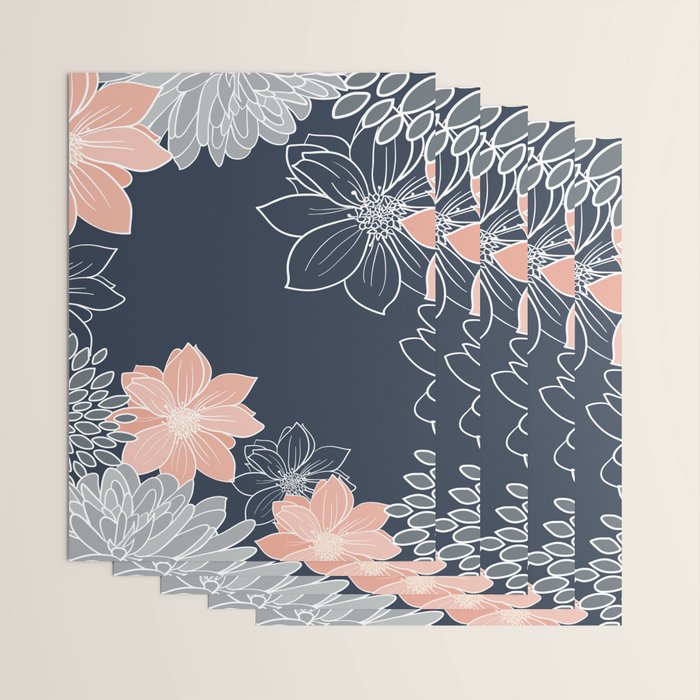 Festive, Floral Prints and Line Art, Navy Blue, Coral and Gray Wrapping Paper Gallery Image 3