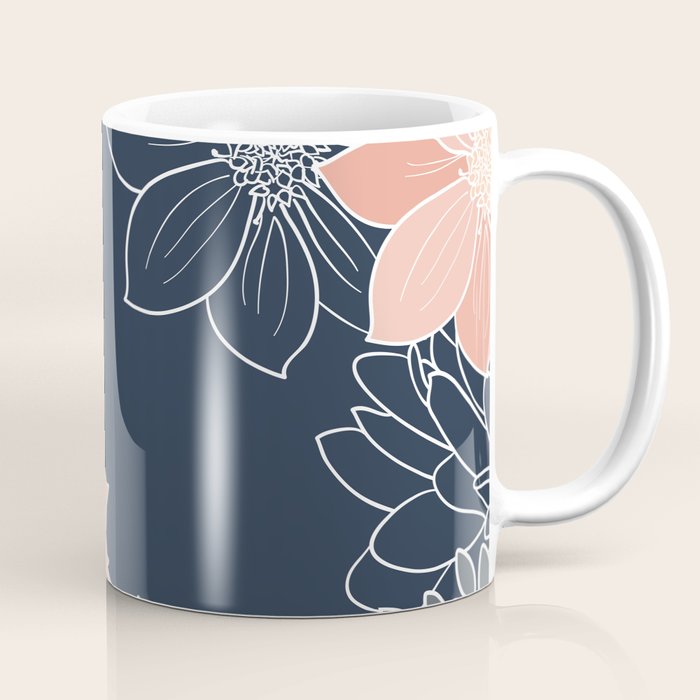 Festive, Floral Prints and Line Art, Navy Blue, Coral and Gray Coffee Mug Gallery Image 1
