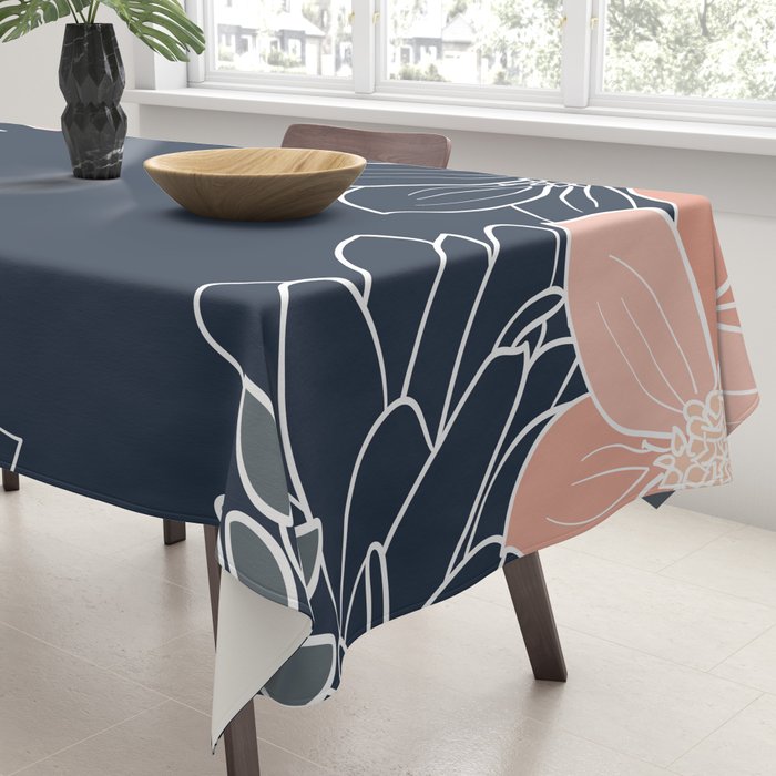 Festive, Floral Prints and Line Art, Navy Blue, Coral and Gray Tablecloth Gallery Image 3