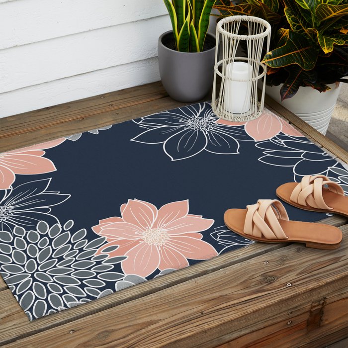 Festive, Floral Prints and Line Art, Navy Blue, Coral and Gray Outdoor Rug Gallery Image 2