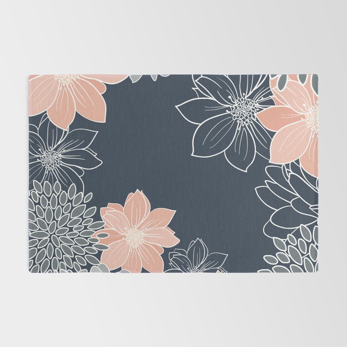 Festive, Floral Prints and Line Art, Navy Blue, Coral and Gray Rug Gallery Image 2