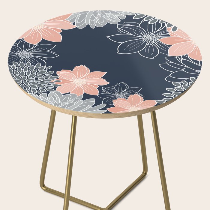 Festive, Floral Prints and Line Art, Navy Blue, Coral and Gray Side Table Gallery Image 2