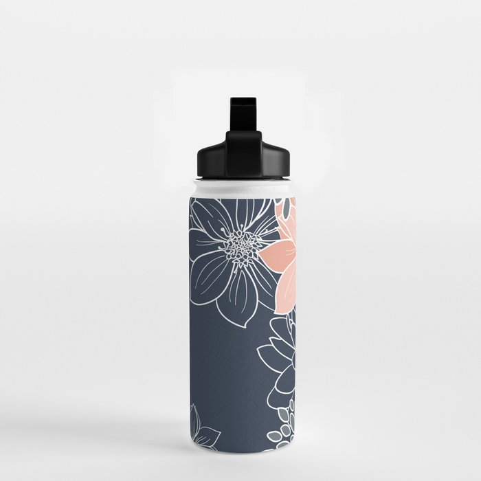 Festive, Floral Prints and Line Art, Navy Blue, Coral and Gray Water Bottle Gallery Image 2