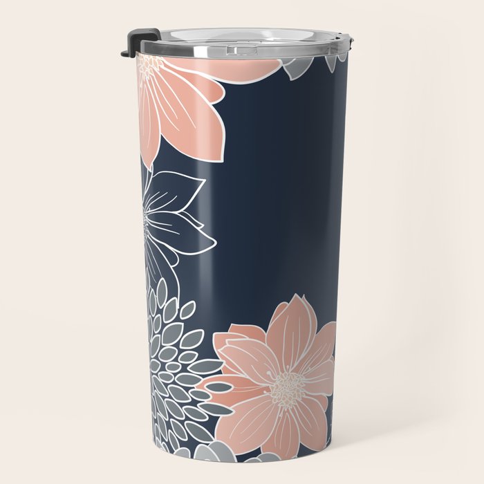 Festive, Floral Prints and Line Art, Navy Blue, Coral and Gray Travel Mug Gallery Image 3