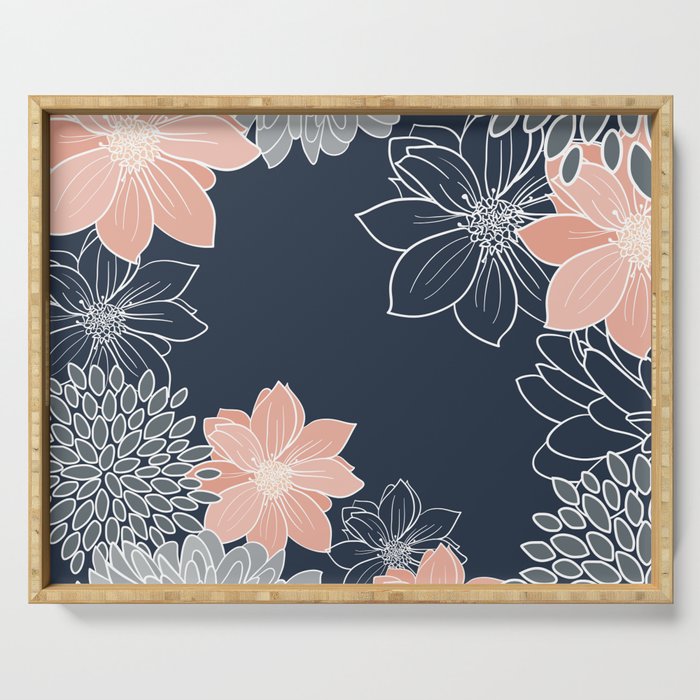 Festive, Floral Prints and Line Art, Navy Blue, Coral and Gray Serving Tray Gallery Image 1