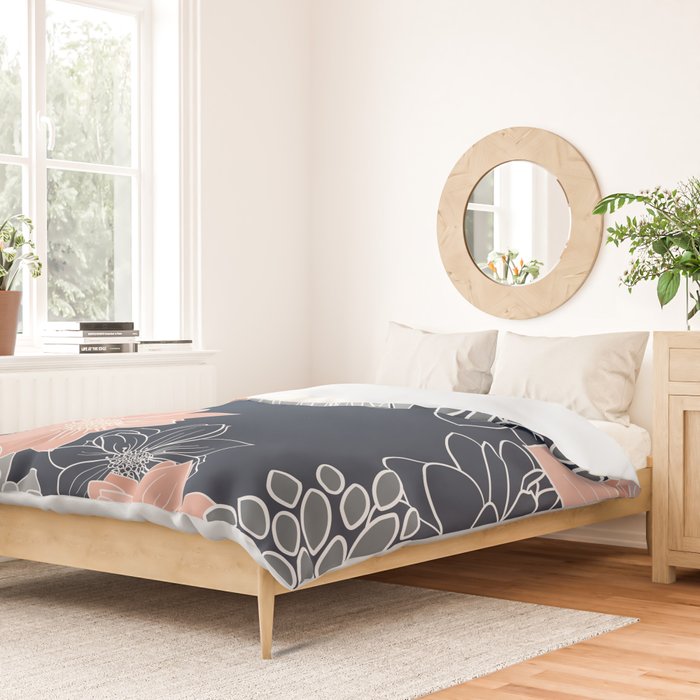 Festive, Floral Prints and Line Art, Navy Blue, Coral and Gray Duvet Cover Gallery Image 2