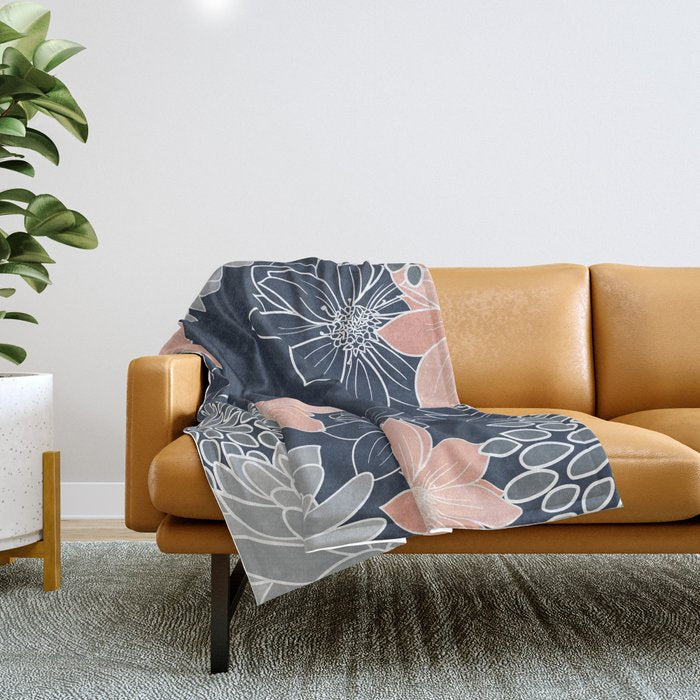 Festive, Floral Prints and Line Art, Navy Blue, Coral and Gray Throw Blanket Gallery Image 1
