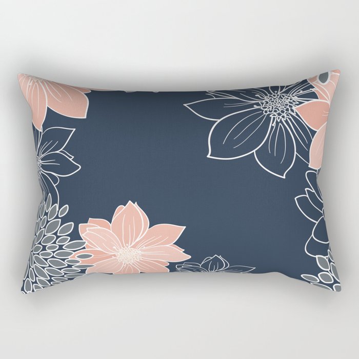 Festive, Floral Prints and Line Art, Navy Blue, Coral and Gray Rectangular Pillow Gallery Image 1