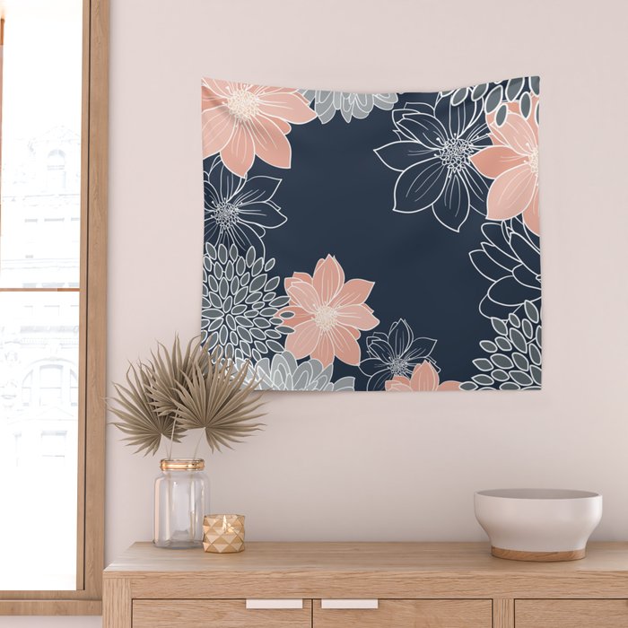 Festive, Floral Prints and Line Art, Navy Blue, Coral and Gray Wall Tapestry Gallery Image 2