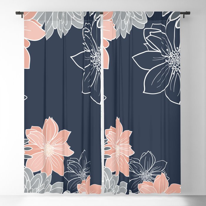 Festive, Floral Prints and Line Art, Navy Blue, Coral and Gray Window Curtain Gallery Image 5