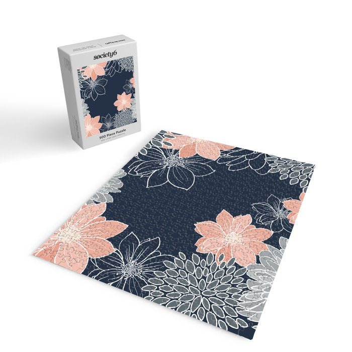 Festive, Floral Prints and Line Art, Navy Blue, Coral and Gray Jigsaw Puzzle Gallery Image 2