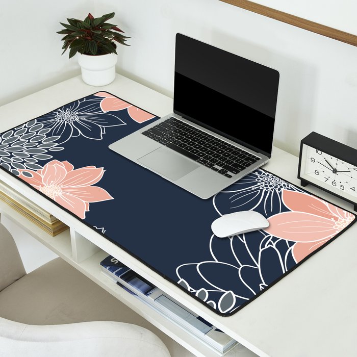 Festive, Floral Prints and Line Art, Navy Blue, Coral and Gray Desk Mat Gallery Image 2