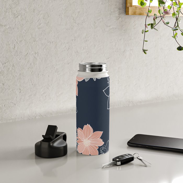 Festive, Floral Prints and Line Art, Navy Blue, Coral and Gray Water Bottle Gallery Image 4