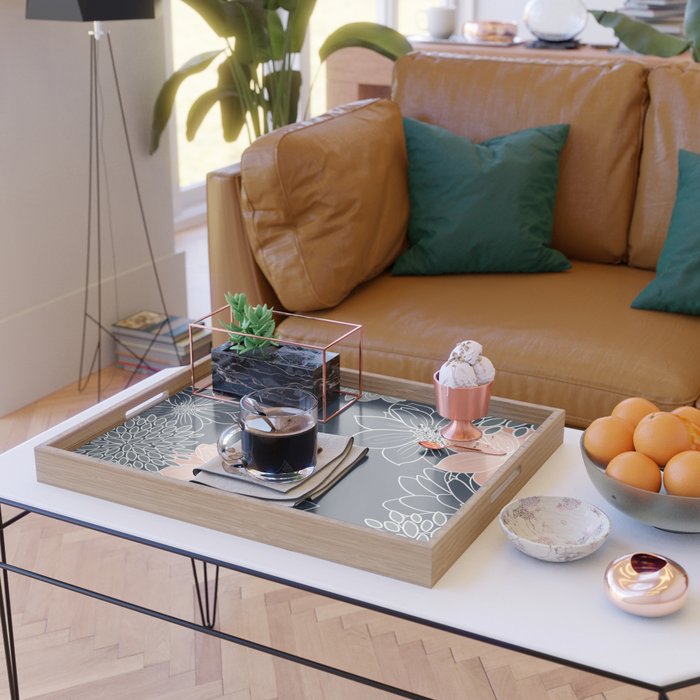 Festive, Floral Prints and Line Art, Navy Blue, Coral and Gray Serving Tray Gallery Image 2