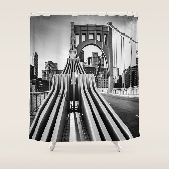 Pittsburgh Pennsylvania Steel City Skyline Bridge Black White Print Shower Curtain Gallery Image 1