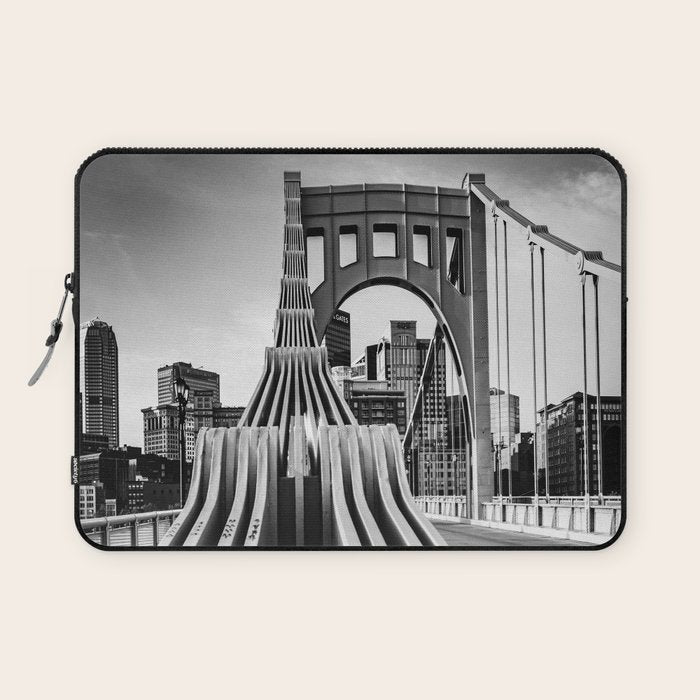 Pittsburgh Pennsylvania Steel City Skyline Bridge Black White Print Laptop Sleeve Gallery Image 1
