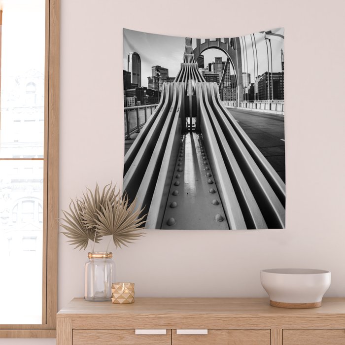 Pittsburgh Pennsylvania Steel City Skyline Bridge Black White Print Wall Tapestry Gallery Image 2