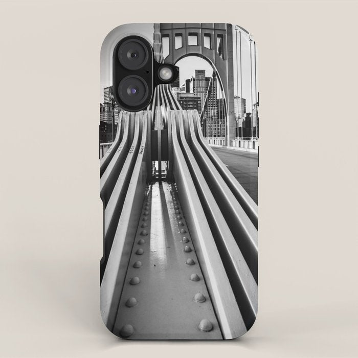Pittsburgh Pennsylvania Steel City Skyline Bridge Black White Print iPhone Case Gallery Image 1