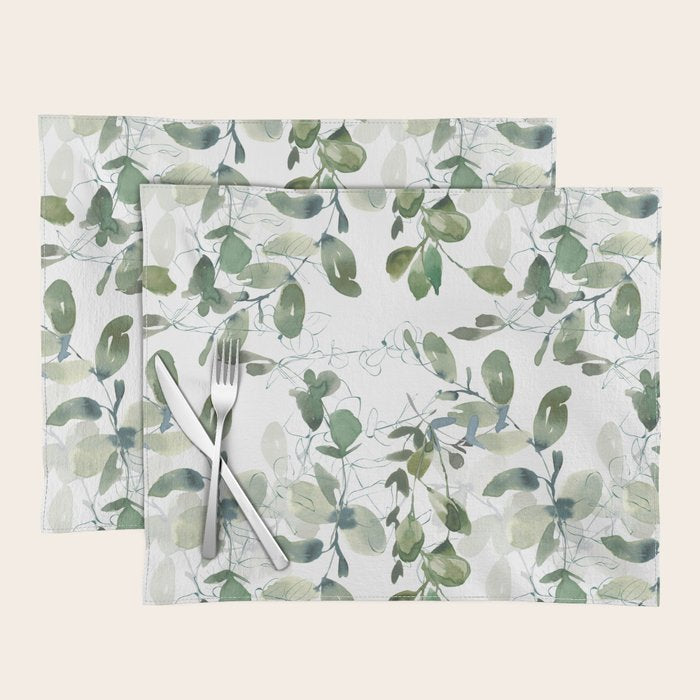 Festive, Watercolor, Leaves Print, White and Green Placemat Gallery Image 1