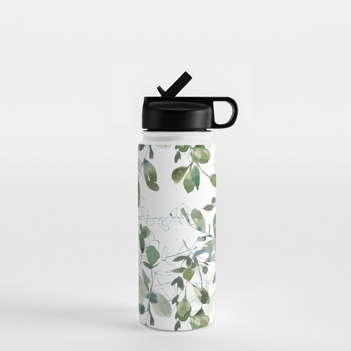 Festive, Watercolor, Leaves Print, White and Green Water Bottle Gallery Image 1