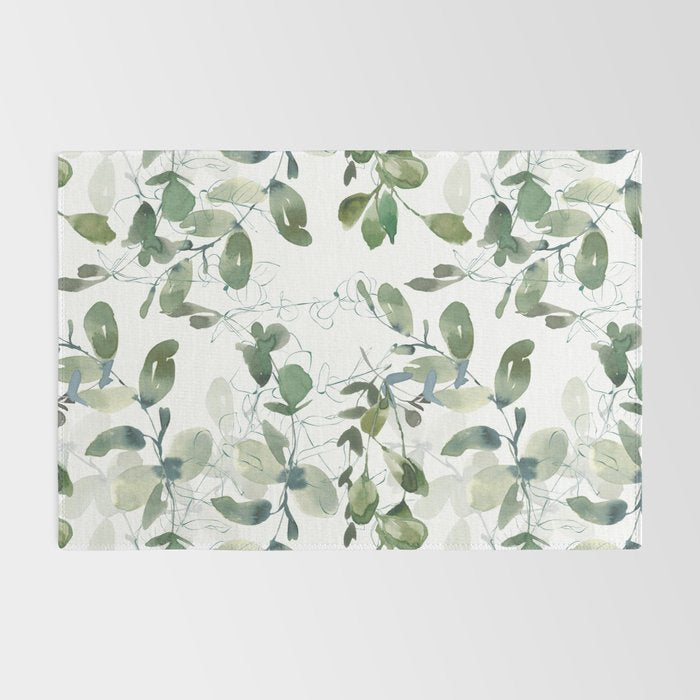 Festive, Watercolor, Leaves Print, White and Green Rug Gallery Image 2