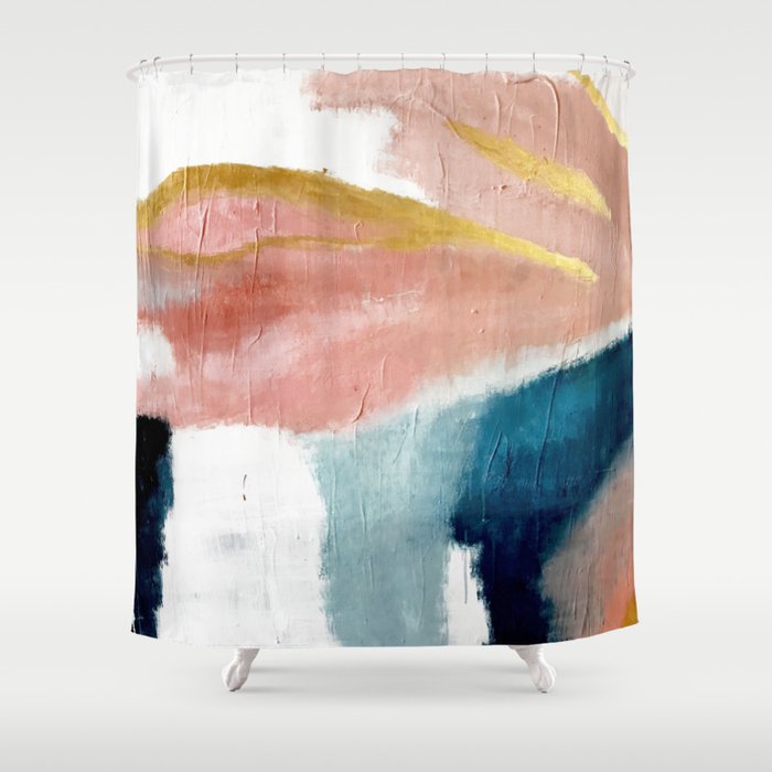 Exhale: a pretty, minimal, acrylic piece in pinks, blues, and gold Shower Curtain Gallery Image 1