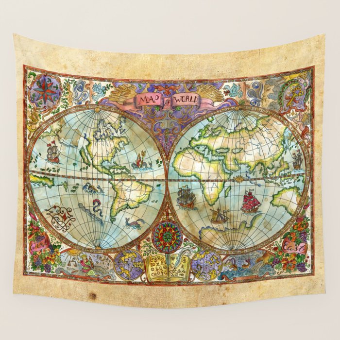 Magical Antique World Map  Wall Tapestry Gallery Image 4
