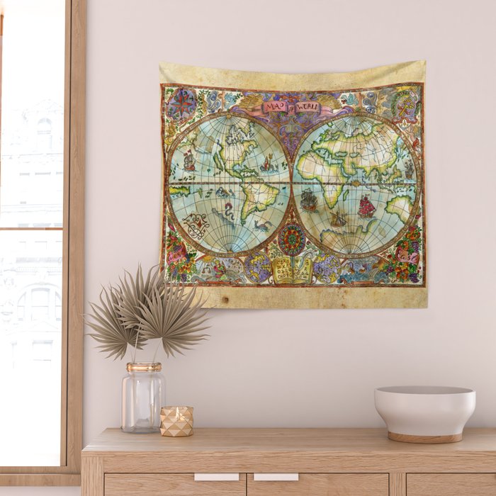 Magical Antique World Map  Wall Tapestry Gallery Image 2