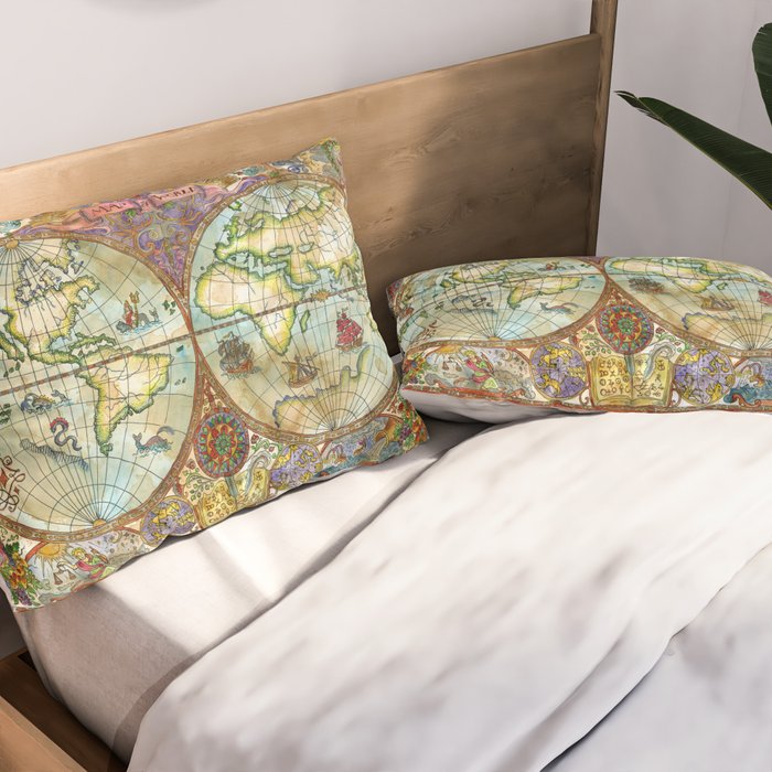 Magical Antique World Map  Pillow Sham Gallery Image 2