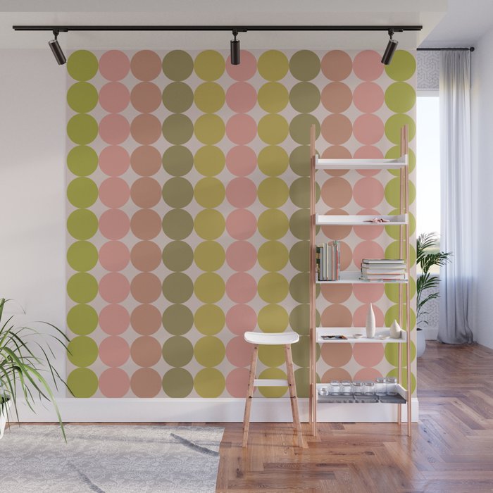 Vintage Pink and Green Mod Dot Stripes Dotty Retro Pattern Wall Mural Gallery Image 1