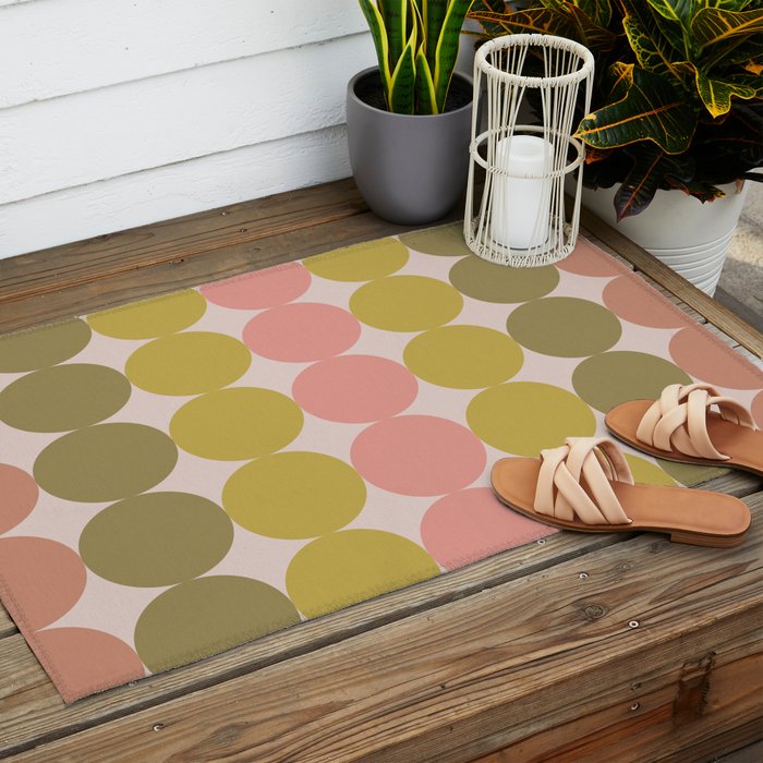 Vintage Pink and Green Mod Dot Stripes Dotty Retro Pattern Outdoor Rug Gallery Image 2