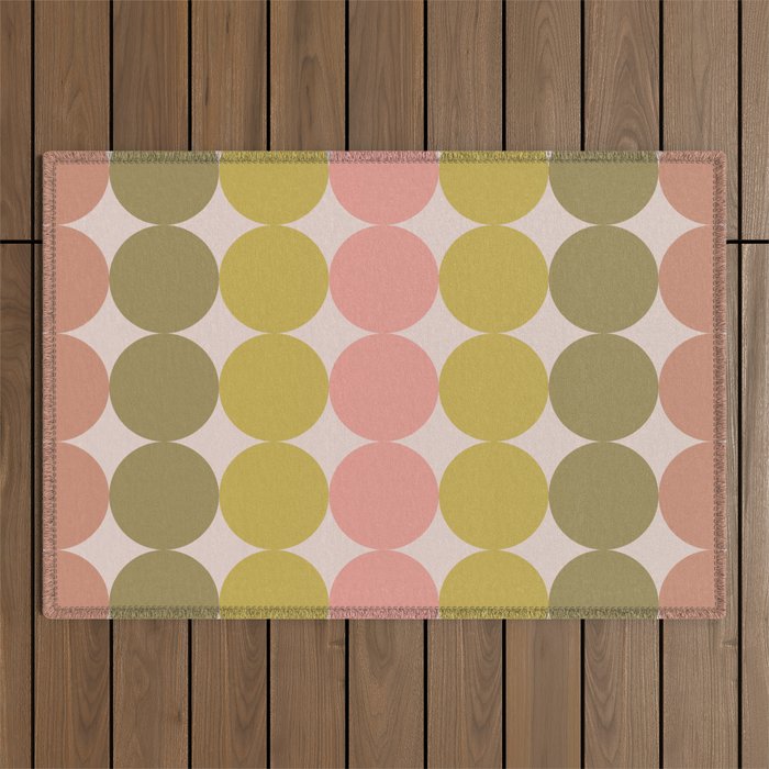 Vintage Pink and Green Mod Dot Stripes Dotty Retro Pattern Outdoor Rug Gallery Image 1