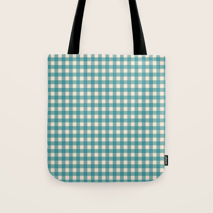 Gingham Check Pattern in Teal Cream Tote Bag Gallery Image 1
