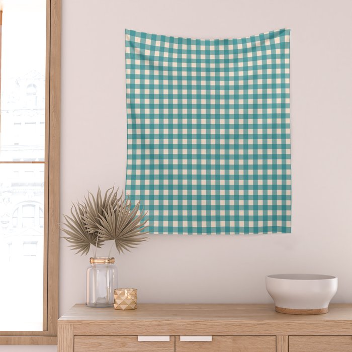 Gingham Check Pattern in Teal Cream Wall Tapestry Gallery Image 2