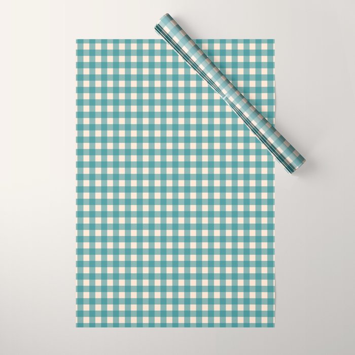 Gingham Check Pattern in Teal Cream Wrapping Paper Gallery Image 1