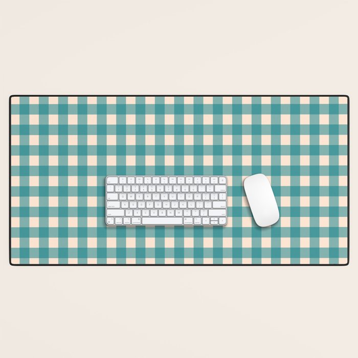 Gingham Check Pattern in Teal Cream Desk Mat Gallery Image 1