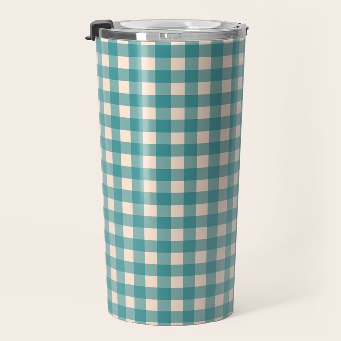 Gingham Check Pattern in Teal Cream Travel Mug Gallery Image 3