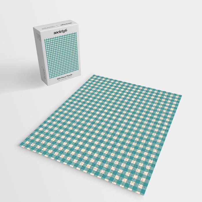 Gingham Check Pattern in Teal Cream Jigsaw Puzzle Gallery Image 2